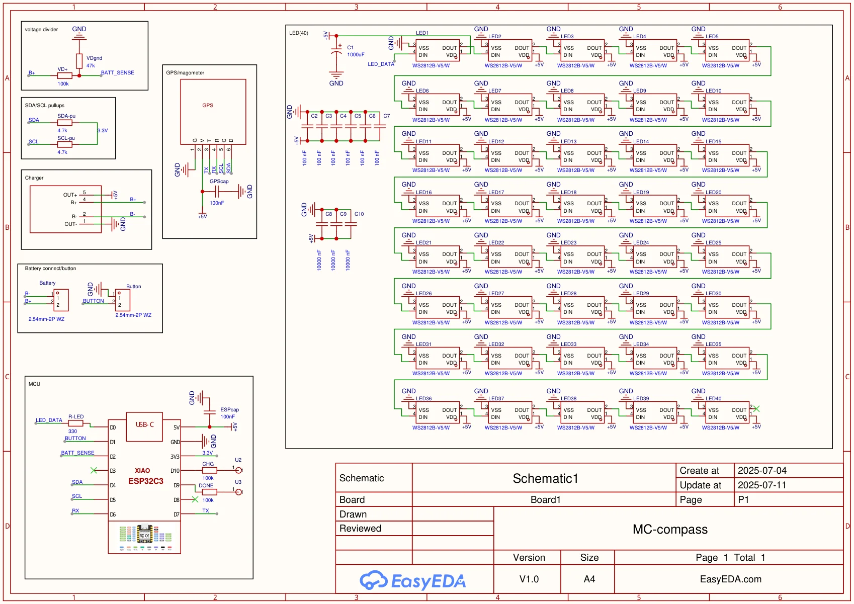 EasyEDA schematic for the MC compass: XIAO ESP32-C3, 40 LEDs, GPS, charger