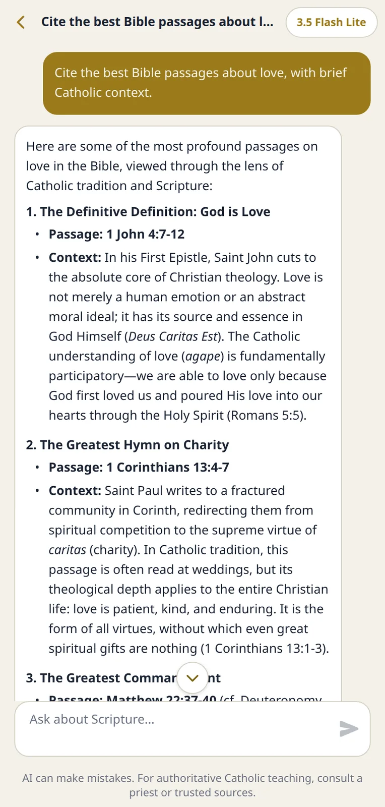 Ask AI chat citing 1 John 4 and 1 Corinthians 13, with a teaching disclaimer under the composer