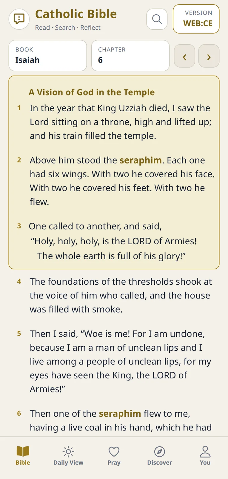 Bible reader on Isaiah 6: book and chapter pickers, WEB:CE version switcher, and highlighted seraphim