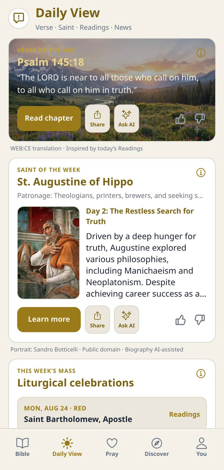 Daily View with Verse of the Day, Saint of the Week, and this week's Mass