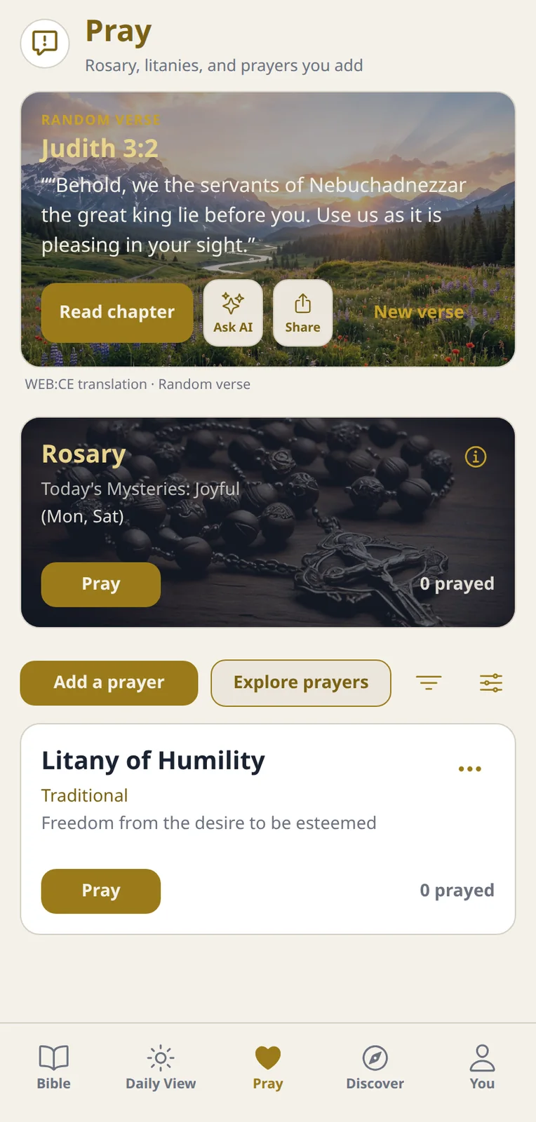 Pray tab showing today's Rosary mysteries, explore-prayers actions, and Litany of Humility